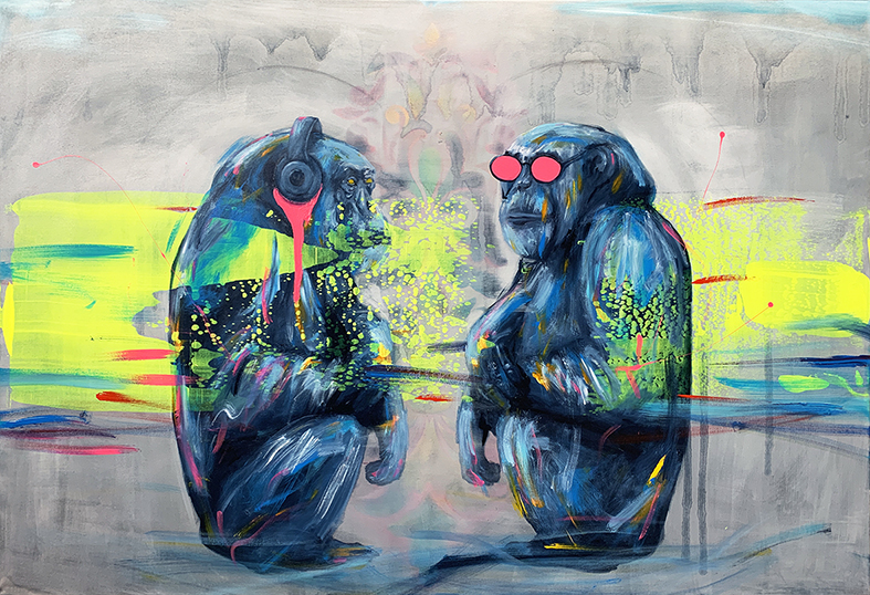 colorful_painting_apes_moneky_listen_to_music_